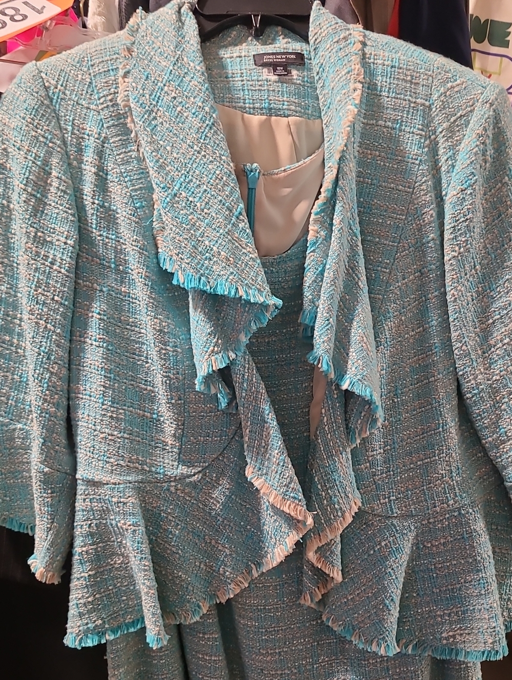 Jones New York Aqua Tweed Fringed Open-Front Blazer And Dress